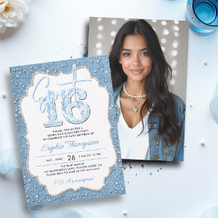 Invitación Denim Diamonds Purpurina Moda Marco Foto Dulce 16