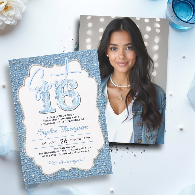 Invitación Denim Diamonds Purpurina Moda Marco Foto Dulce 16 (sweet sixteen invitation 16th birthday photo template denim diamonds elegant frame bling fashion)