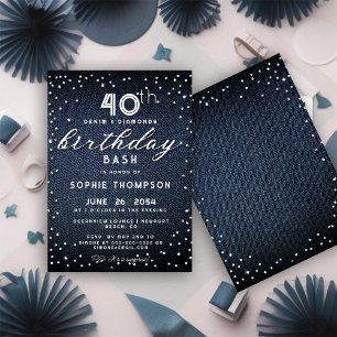 Invitación Denim Diamonds Purpurina moderna 40 Fiesta de cump