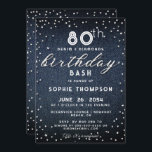 Invitación Denim Diamonds Purpurina moderna 80th Birthday Par<br><div class="desc">Un sencillo, moderno, elegante y de moda plantilla de invitación a la fiesta de cumpleaños con un fondo de denim azul, la palabra BIRTHDAY cubierta con diamantes blancos (diamantes simulados, no reales) y en escritura moderna de caligrafía, y tipografía en blanco. ¡Un diseño de moda "denim and diamante" para una...</div>