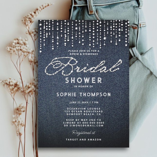 Invitación Denim Diamonds Purpurina perfora elegante ducha de (denim diamonds glitter drips bridal shower invitation modern classy simple elegant calligraphy blue)