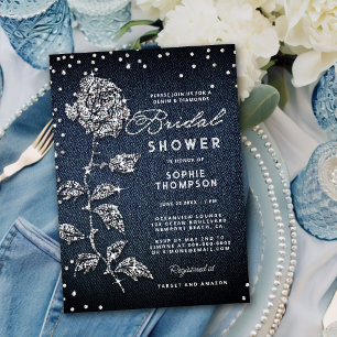 Invitación Denim Diamonds Purpurina Rosa Blue Bridal Shower