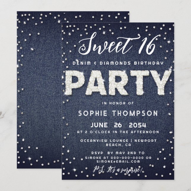 Invitación Denim Diamonds Purpurina Sweet 16 Cumpleaños Party (Anverso / Reverso)