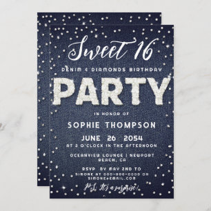 Invitación Denim Diamonds Purpurina Sweet 16 Cumpleaños Party
