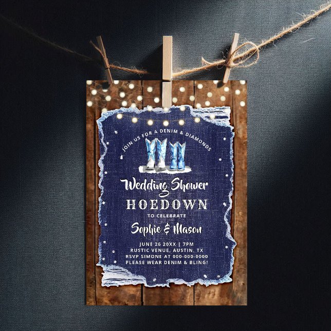 Invitación Denim Diamonds Rustic Cowboy Boda Bridal Shower (denim and diamonds bridal wedding shower invitation rustic wood board lights hoedown white blue)
