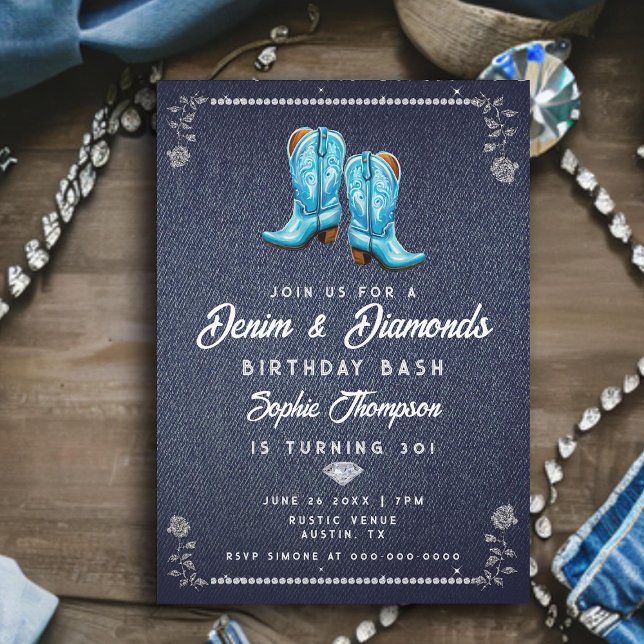 Invitación Denim Diamonds Rustic Cowgirl Boots Fiesta de cump (denim diamonds birthday party for women rustic glam blue cowgirl boots elegant classy bling roses)
