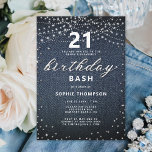 Invitación Denim Diamonds Rustic Lights 21st Birthday Fiesta<br><div class="desc">Un sencillo, moderno, elegante y moda modelo de invitación a la fiesta de cumpleaños 21 con fondo de denim azul, la palabra BIRTHDAY cubierta con diamantes blancos (diamantes simulados, no reales) y en escritura moderna de caligrafía, y tipografía rústica en blanco, así como luces de cuerda rústicas. Un diseño de...</div>
