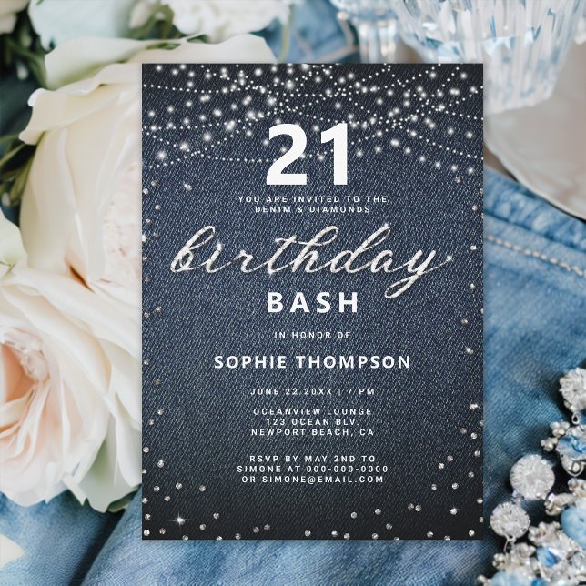 Invitación Denim Diamonds Rustic Lights 21st Birthday Fiesta (denim and diamonds 21st birthday invitation for girls rustic lights simple modern classy elegant)