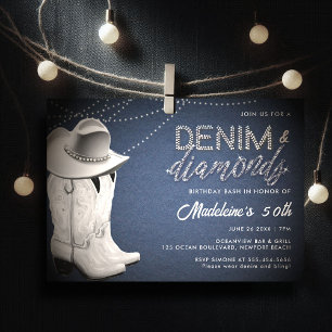 Invitación Denim Diamonds Rústico Glam Gorra Boots 50 cumplea