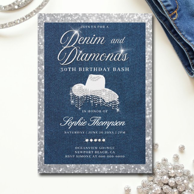 Invitación Denim Diamonds Script Bling 30th Birthday Fiesta (denim and diamonds invitations 30th 50th sweet 16 elegant classy blue white bling script frame)