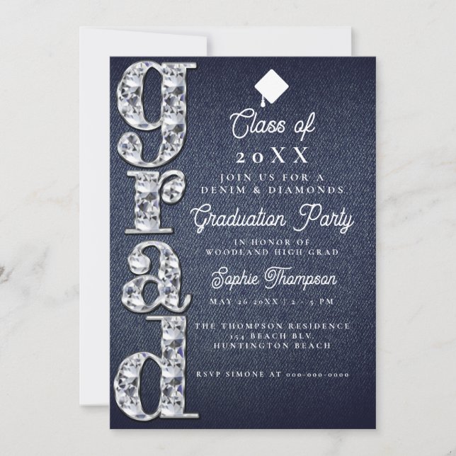 Invitación Denim Diamonds Script Blue Jeans Graduation Party (Anverso)