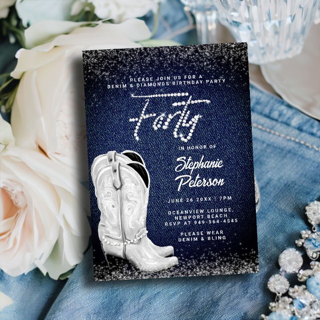 Invitación Denim Diamonds Script Cowgirl Boots 40 cumpleaños (denim and diamonds birthday party for women 40th classy bling cowboy cowgirl boots blue white rustic)