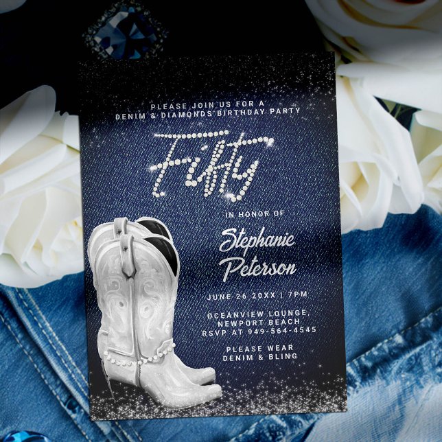 Invitación Denim Diamonds Script Cowgirl Boots 50 cumpleaños (denim and diamonds 50th birthday invite for women cowgirl boots bling classy elegant chic western)