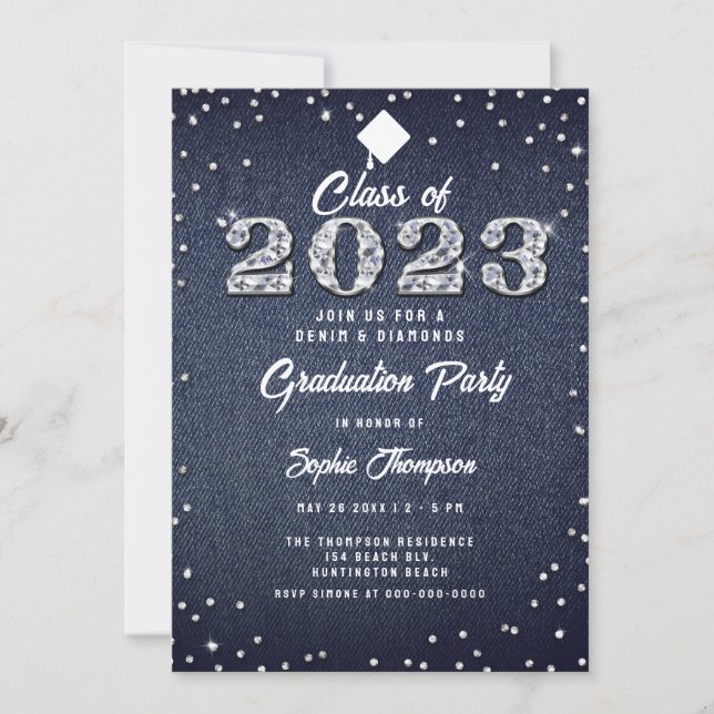 Invitación Denim Diamonds Script Indigo 2023 Graduation Party (Anverso)