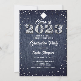 Invitación Denim Diamonds Script Indigo 2023 Graduation Party