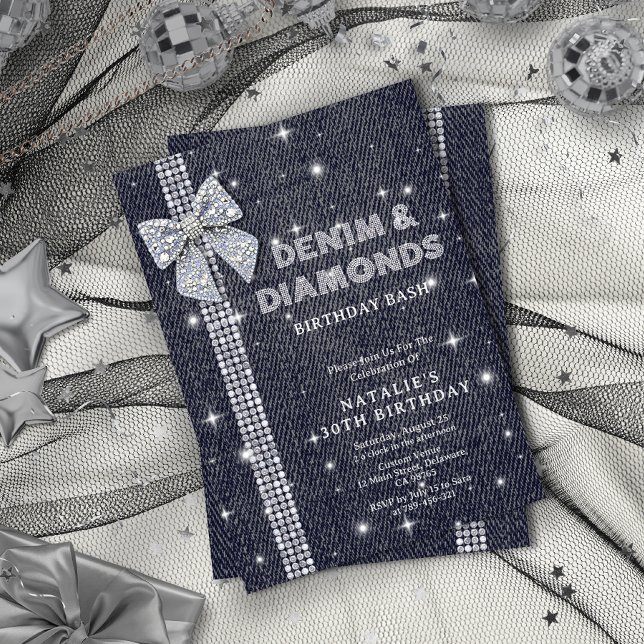 Invitación Denim & Diamonds Sparkling Navy Bow Fiesta de Cump (Denim & Diamonds Sparkling Navy Bow Birthday Party Invitation)