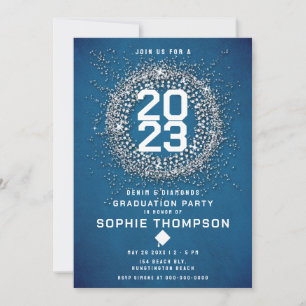 Invitación Denim Diamonds Starburst Blue Graduation Party
