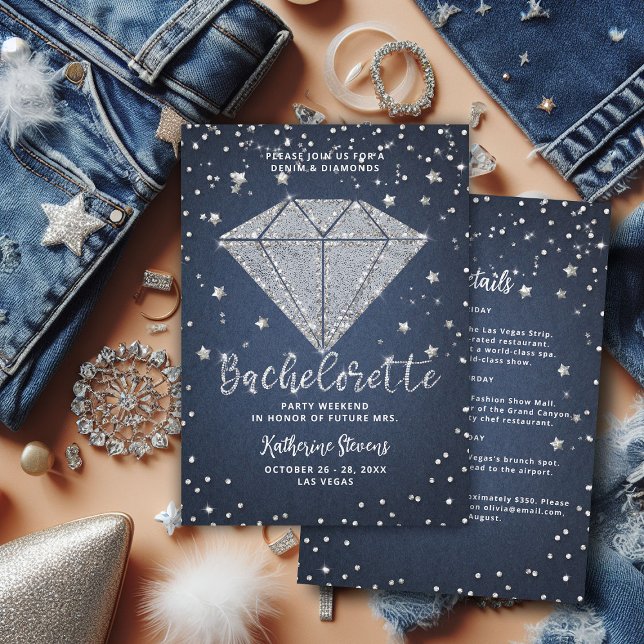 Invitación Denim Diamonds Stars Bachelorette Party Itinerary (denim and diamonds bachelorette party itinerary invitation template elegant classy modern chic)