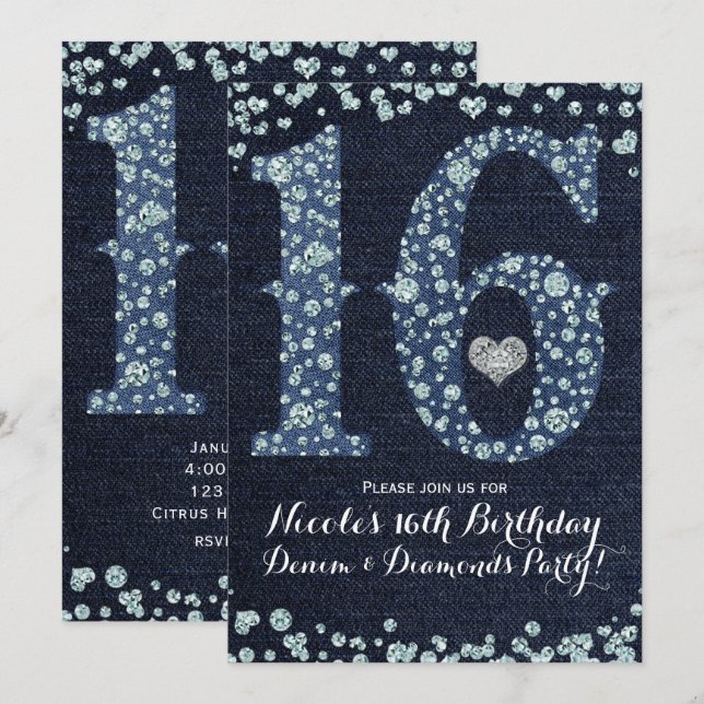 Invitación Denim & Diamonds Sweet 16 16th Birthday Party (Anverso / Reverso)