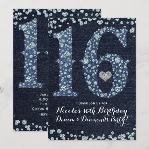 Invitación Denim & Diamonds Sweet 16 16th Birthday Party