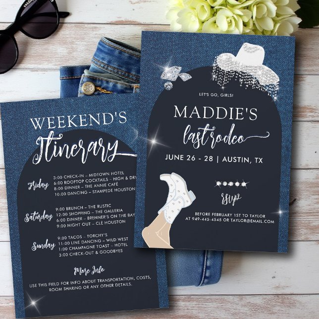 Invitación Denim Diamonds Vamos Chicas Arch Bachelorette (denim and diamonds bachelorette party invite last rodeo glam bling lets go girls itinerary arch)