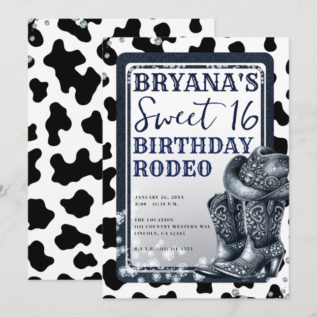 Invitación Denim & Diamonds Western Glam Cowgirl Sweet 16 (Anverso / Reverso)