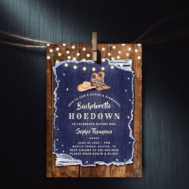 Invitación Denim Diamonds Western Rustic Hoedown Bachelorette (denim and diamonds bachelorette party invitation rustic wood blue white cowgirl boots hat hoedown)