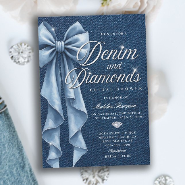 Invitación Denim Diamonds White Blue Bow Glam Bridal Shower (denim and diamonds bridal shower invitation blue white bow bling sparkles classy)