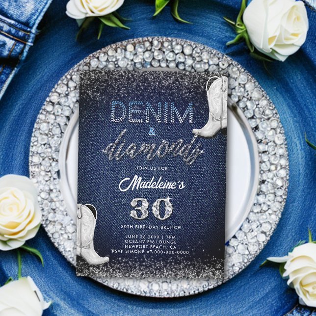 Invitación Denim Diamonds White Boots Brunch Cumpleaños 30 (denim and diamonds 30th birthday invitation for women cowgirl chic boots classy modern elegant)
