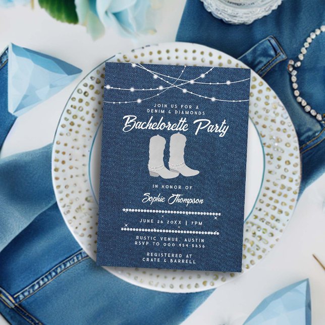 Invitación Denim Diamonds White Boots Luces Bachelorette (denim and diamonds bachelorette party invitation classy bling cowgirl boots western country elegant )