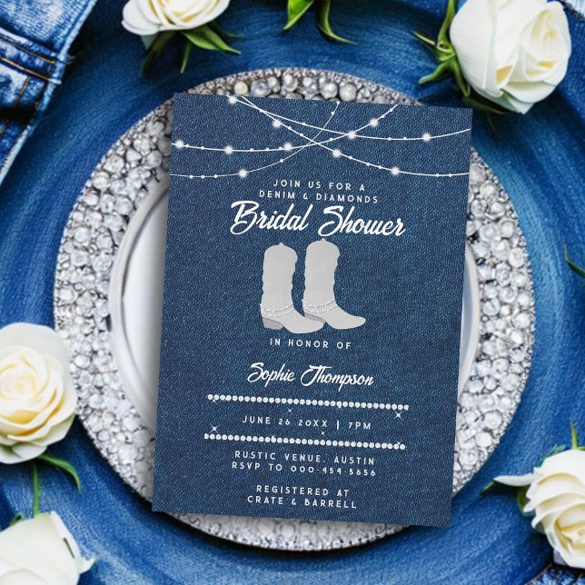 Invitación Denim Diamonds White Boots Luces Brillantes Ducha (denim and diamonds bridal shower invitation classy bling cowgirl boots string lights rustic chic)