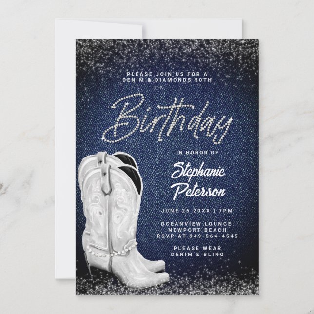 Invitación Denim Diamonds White Cowgirl Boots 50 cumpleaños (Anverso)