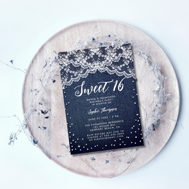 Invitación Denim Diamonds White Lace Sweet 16 Cumpleaños Part (Subido por el creador)