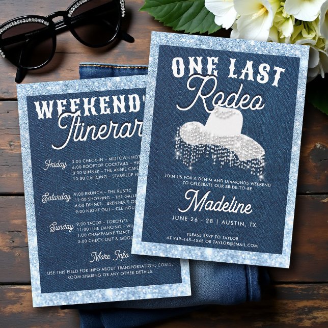 Invitación Denim Diamonts Last Rodeo Cowgirl Bachelorette (denim and diamonds bachelorette party invite last rodeo glam bling frame lets go girls classy chic)