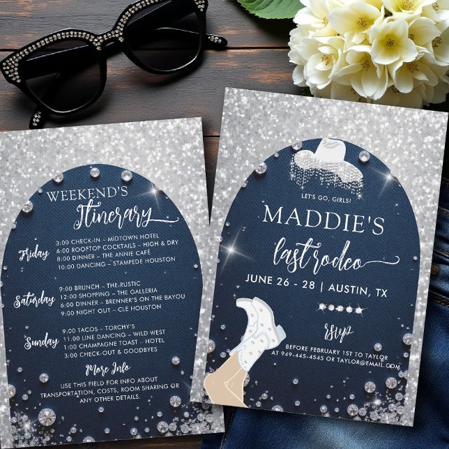 Invitación Denim Diamonts Last Rodeo Glam Arch Bachelorette (denim and diamonds bachelorette party invite last rodeo glam bling itinerary glitter arch)