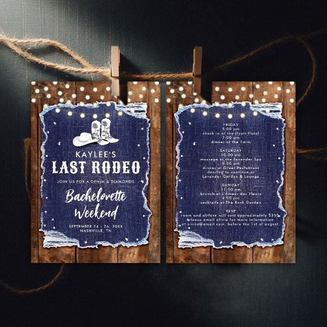 Invitación Denim Diamonts Última Bachelorette de Moda Rusa Ro (denim and diamonds bachelorette party invitation itinerary rustic wood cowgirl hoedown white blue)
