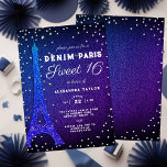 Invitación Denim en París Purpurina Elegant Morple Sweet 16<br><div class="desc">Una elegante, elegante y elegante invitación a la fiesta Sweet 16 con un tema de París, combinado con el tema del denim y los diamantes. Cuenta con una torre Eiffel cubierta de purpurina azul, rociadas de diamantes y diamantes de imitación (efectos digitales, no se usarán purpurinas ni diamantes de imitación...</div>
