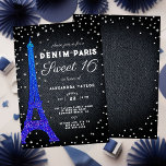 Invitación Denim en París Purpurina Minimalista Rústico dulce<br><div class="desc">Una elegante, elegante y minimalista invitación a la fiesta Sweet 16, con un tema de París, combinado con el tema del denim y los diamantes. Cuenta con una torre Eiffel cubierta de purpurina azul, rociadas de diamantes y diamantes de imitación (efectos digitales, no se usarán purpurinas ni diamantes de imitación...</div>