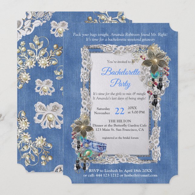 Invitación Denim Flor texturada Lace y Joyas de disfraces (Anverso / Reverso)