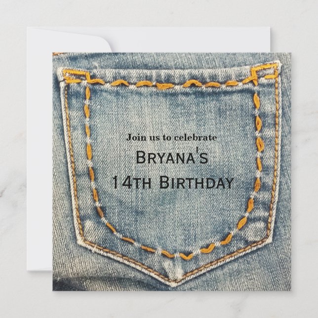 Invitación Denim Jean Stitched Pocket Birthday Party (Anverso)