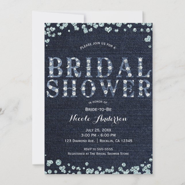 Invitación Denim Jean y Diamonds Bling Moda Bridal Shower (Anverso)