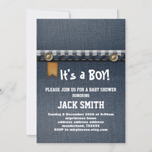 Invitación denim, jeans azules, vaquero, ducha de bebé occide (Anverso)