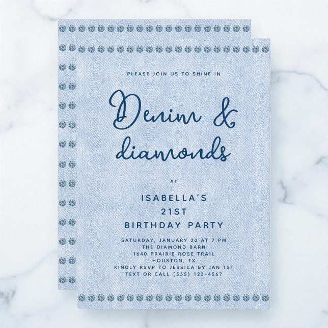 Invitación Denim Occidental y Diamantes Fiesta de cumpleaños  (Western Denim and Diamonds 21st Birthday Party Invitation)
