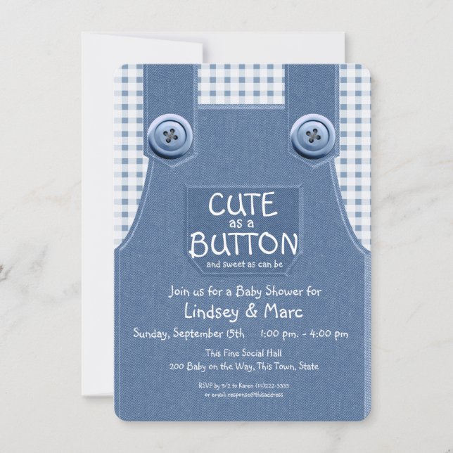 Invitación Denim Overalls Cuta como botón Azul (Anverso)