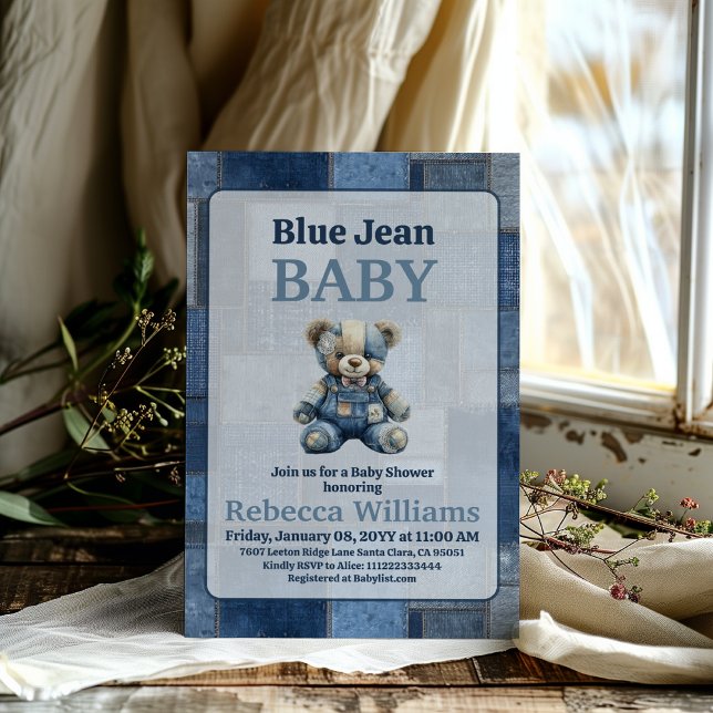Invitación Denim Patchwork Bear Toy Blue Jean Baby Shower (Subido por el creador)