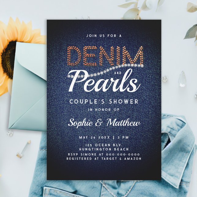 Invitación Denim Pearls Couple Weddy Ducha Elegante Rústico (denim and pearls couple wedding shower invitation elegant rustic chic blue brown jeans white classy)