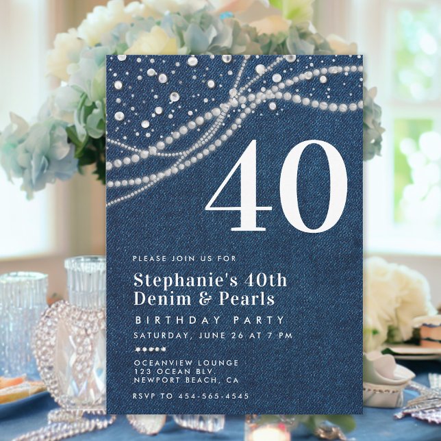 Invitación Denim Pearls Elegant Classy 40th Birthday Fiesta (denim pearls 40th birthday party invitation for women elegant classy modern chic rustic lights)