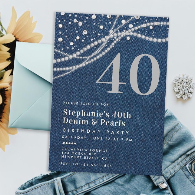 Invitación Denim Pearls Elegant Modern 40th Birthday Fiesta (denim pearls 40th birthday invitation for women rustic classy elegant modern chic stylish blue white)