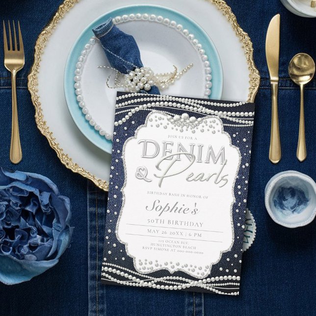 Invitación Denim Pearls Elegant Modern Classy 50 cumpleaños (denim and pearls birthday party invitation 50th for her elegant classy modern)