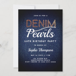 Invitación Denim Pearls Elegant Rustic Barn 50 cumpleaños